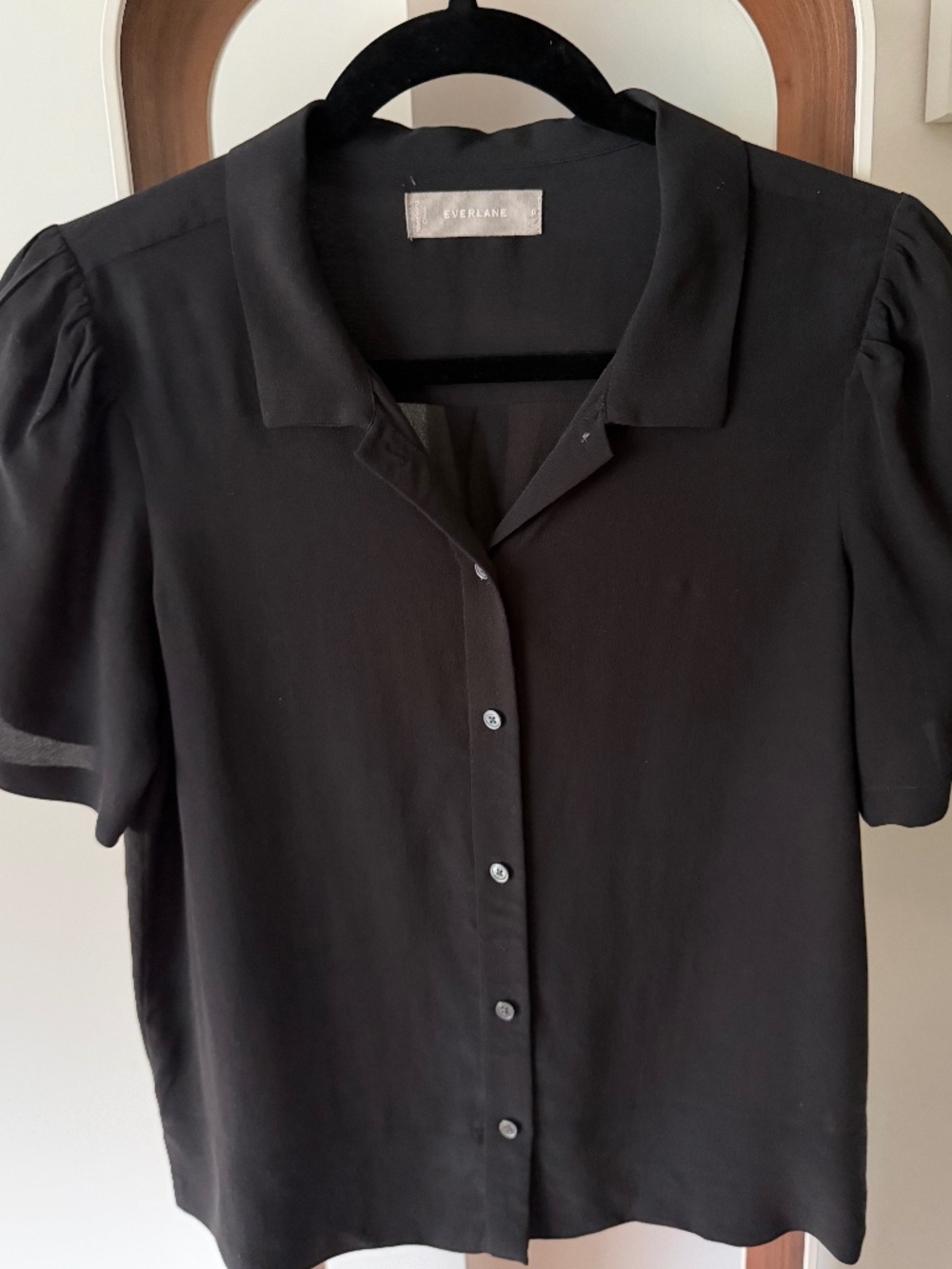Everlane Clean Silk Puff Sleeve Button Front Blouse Black | Size 0